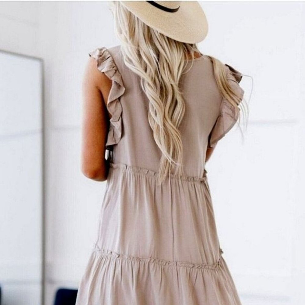Zenana Ash Mocha Tiered Mini Dress Flutter Sleeve Tan Sleeveless Size Medium - Picture 12 of 12